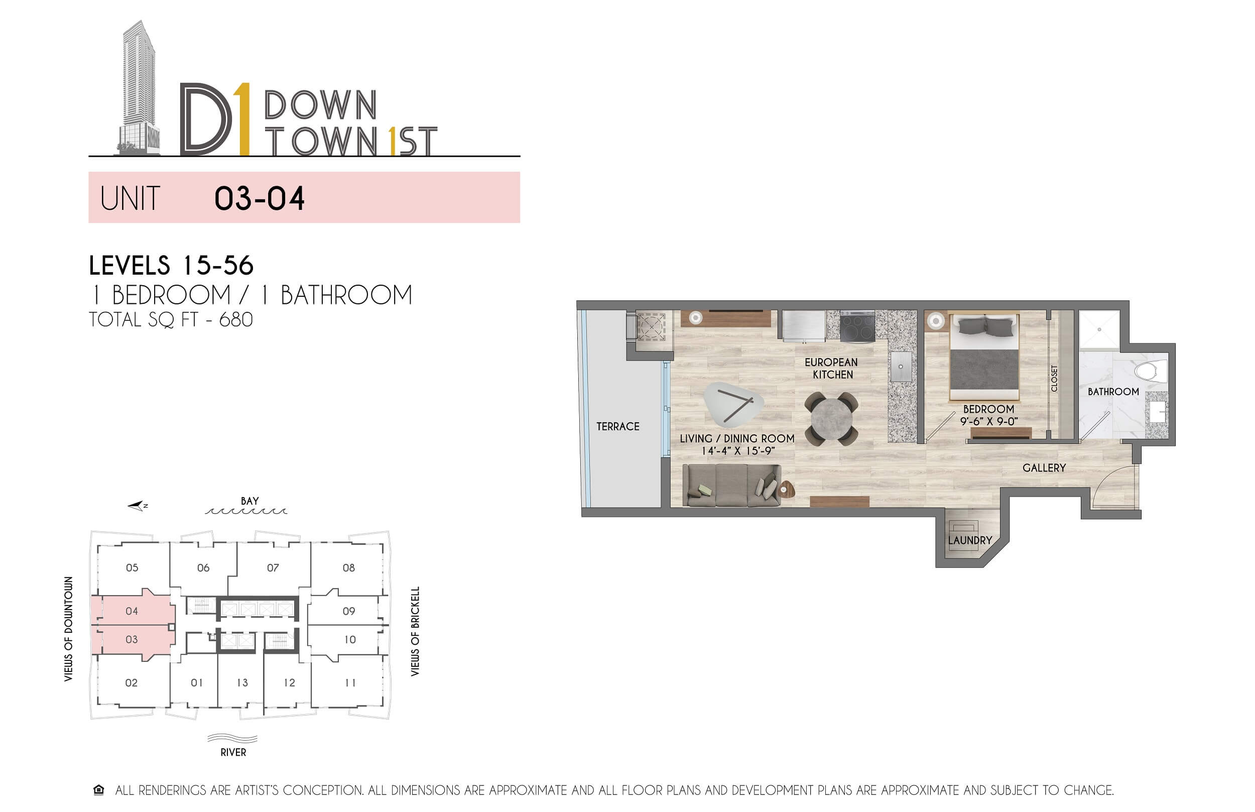 1BR 680SF Floor Plan - Units 03/04
