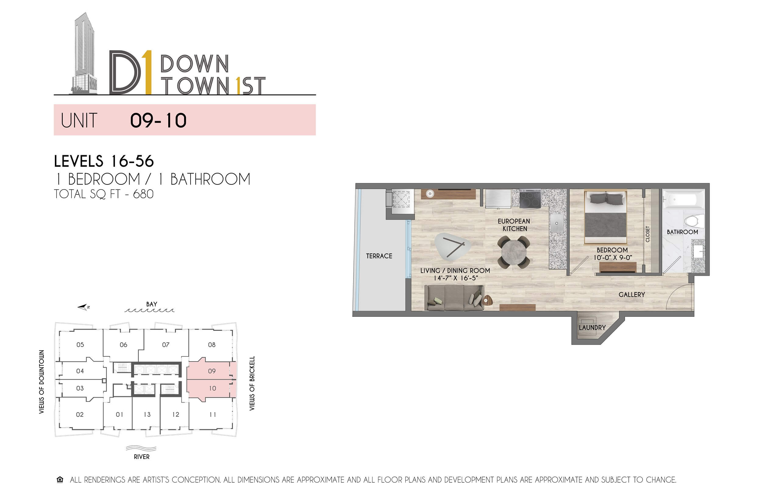 1BR 680SF Floor Plan - Units 09/10