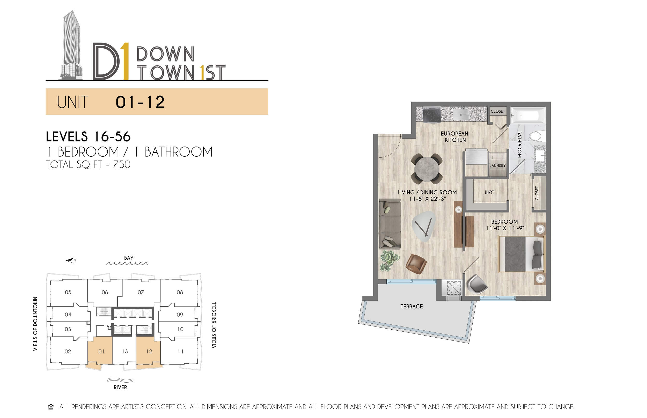 1BR 750SF Floor Plan - Units 01/12