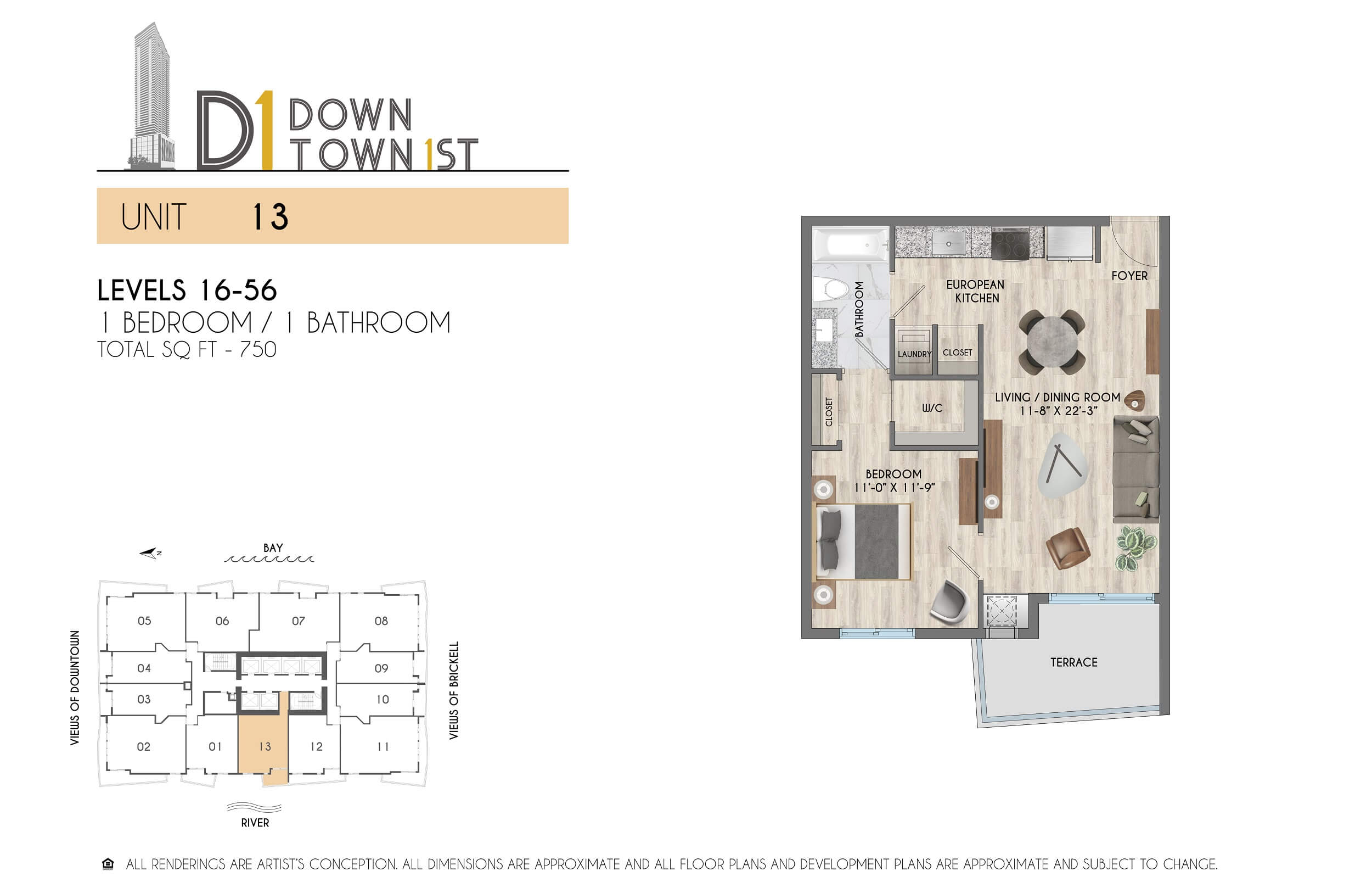1BR 750SF Floor Plan - Unit 13